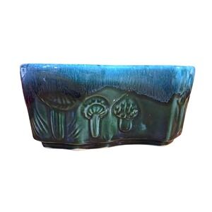 Vintage Hull U.S.A. Ceramic Planter Mushroom Forest Green Blue Glaze Drip Pot